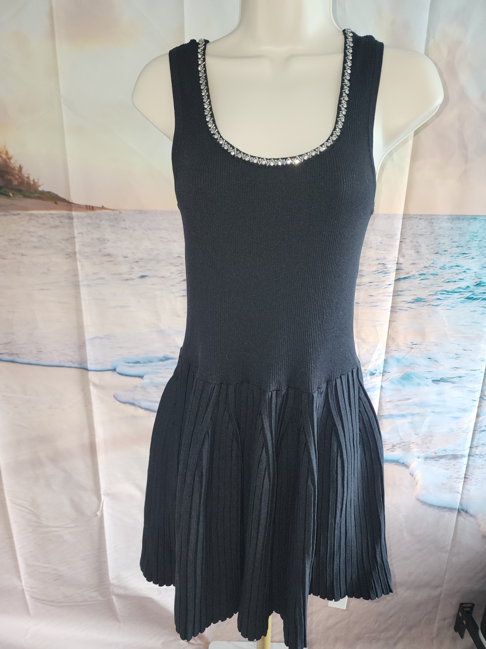 Commense Women's Black Tank Knit Dress with Embellished Scoop Neck